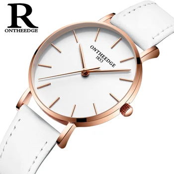 

ONTHEEDGE Relogio Feminino Rose Gold Elegant Lady Watch Luxury Thin Case Genuine Leather Strap Waterproof Reloj Mujer
