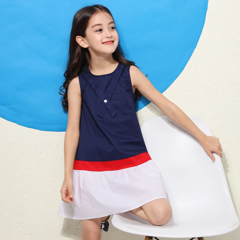 

2018 Dress for Girls Navy Red White Stripe Salior 4th July Design Teenage Baby Kids Uniform Dress 56789 10 11 12 13 14 Years Old
