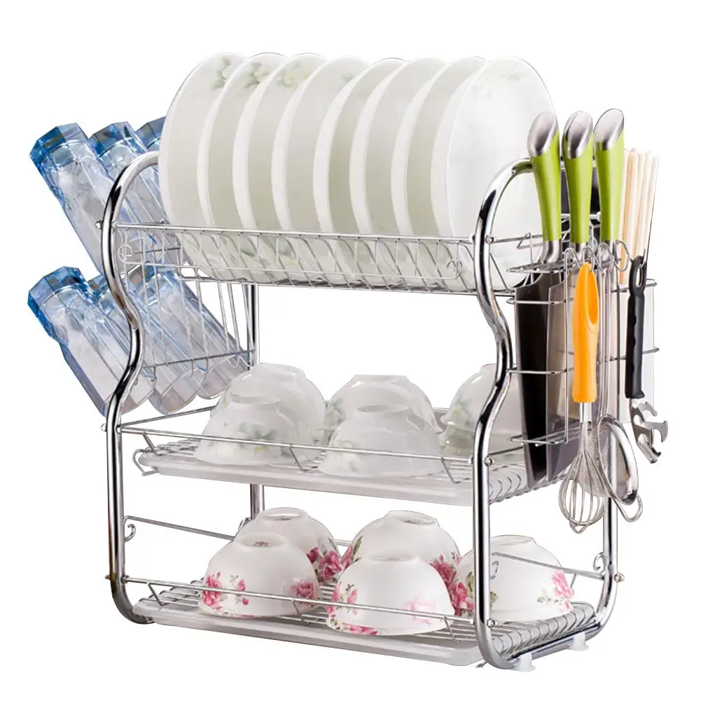 

Drying 3-layer Kitchen Storage Rack Drainage Storage Rack Multi-function Chrome Plate With Draining Plate Cutlery Bowl Dish Rack