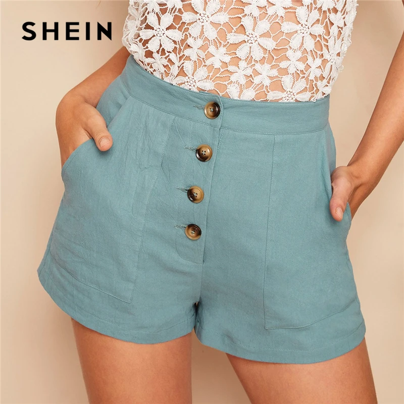 

SHEIN Casual Pastel Blue Button Fly Patch Pocket Straight Leg Shorts Women Summer Mid Waist Solid 2019 Streetwear Shorts