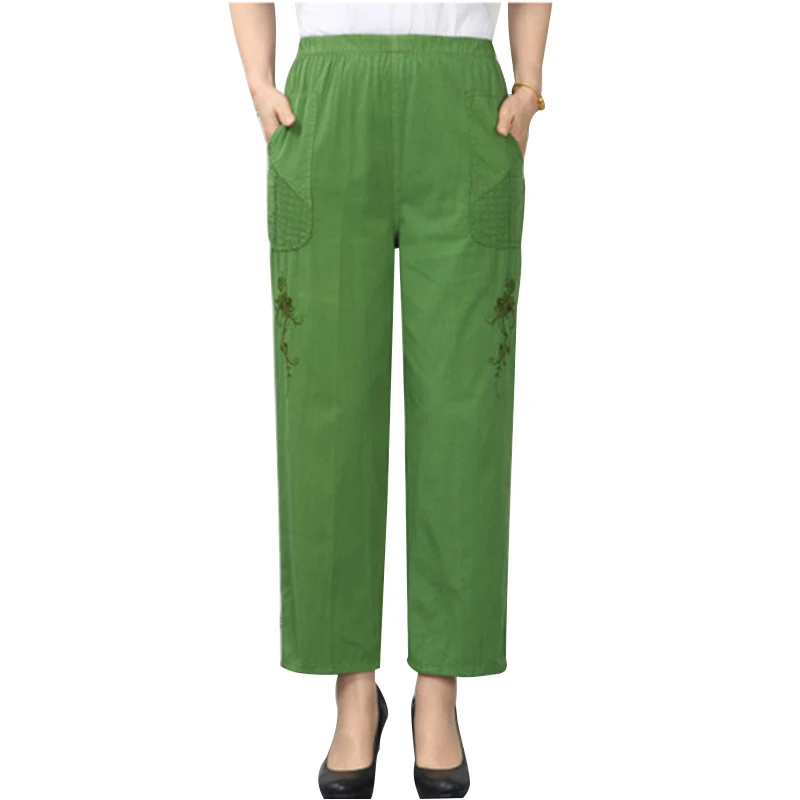 

Summer Fahion Middle Old Lady Casual Trousers Cotton Embroidered Nine cent pants Elastic high waist mother Straight Pants Female