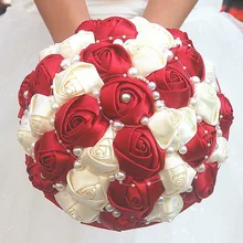 

Simple Red White Rose Pearls Hand Holder Bridal Bouquets Crystal Flowers Combinations Ribbon Stitch Wedding Bouquet Custom Color