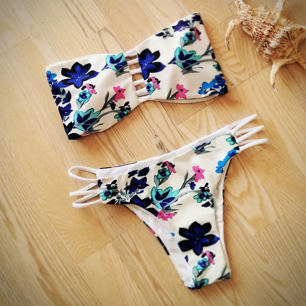 

2018 Hot Sale Women Bikini Set Bandage Push Up Padded Swimwear Off-Shoulder Floral Print Ladies Swimsuit Bathing Beachwear