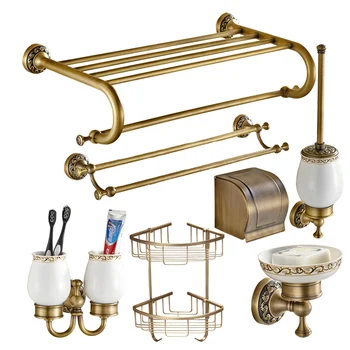 

European Antique Solid Brass Pendant Set Bathroom Rack Retro Paper Holder Bathroom Accessories Wall Mounted Toilet Brush Holder