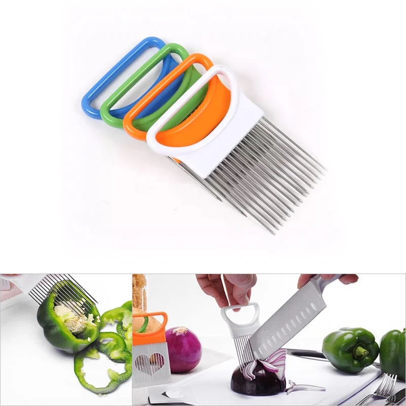 

New Shrendders & Slicers Tomato Onion Vegetables Slicer Cutting Aid Holder Guide Slicing Cutter Safe Fork Easy Cut Onion Holder