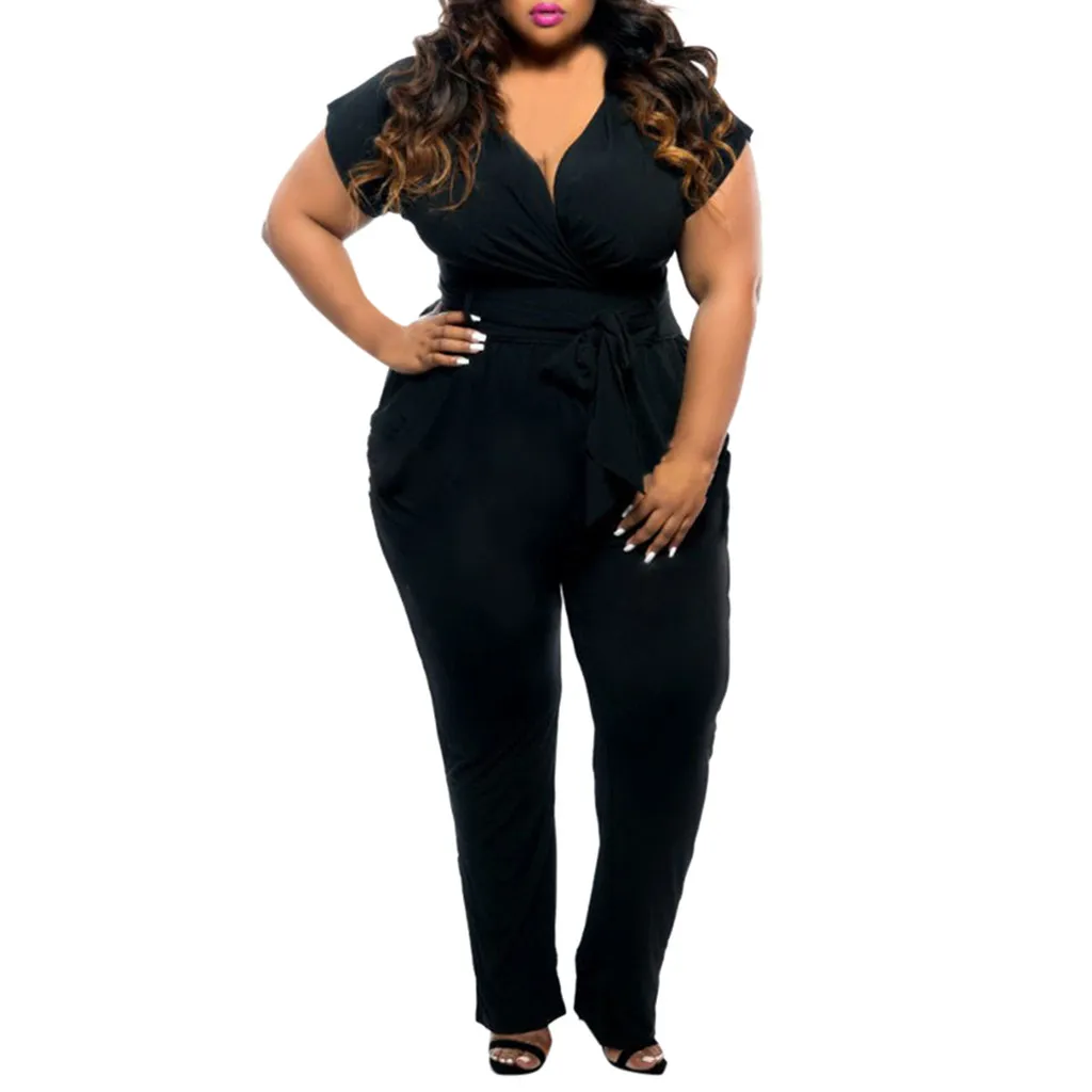 

NEW Women's Jumpsuit Summer Plus Size Sexy V-neck Short Sleeved Belt Pocket Straight Jumpsuit strapless Solid Party Jumpsuit