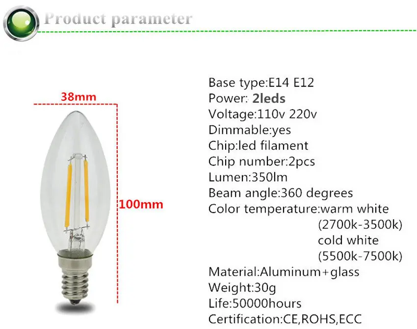 DHL светодиодный лампы E14 2 Вт, 4 Вт, 6 Вт, 220 V E12 110 V AC C35 светодиодный лампы Лампа накаливания теплый белый свет/холодный белый люстра с