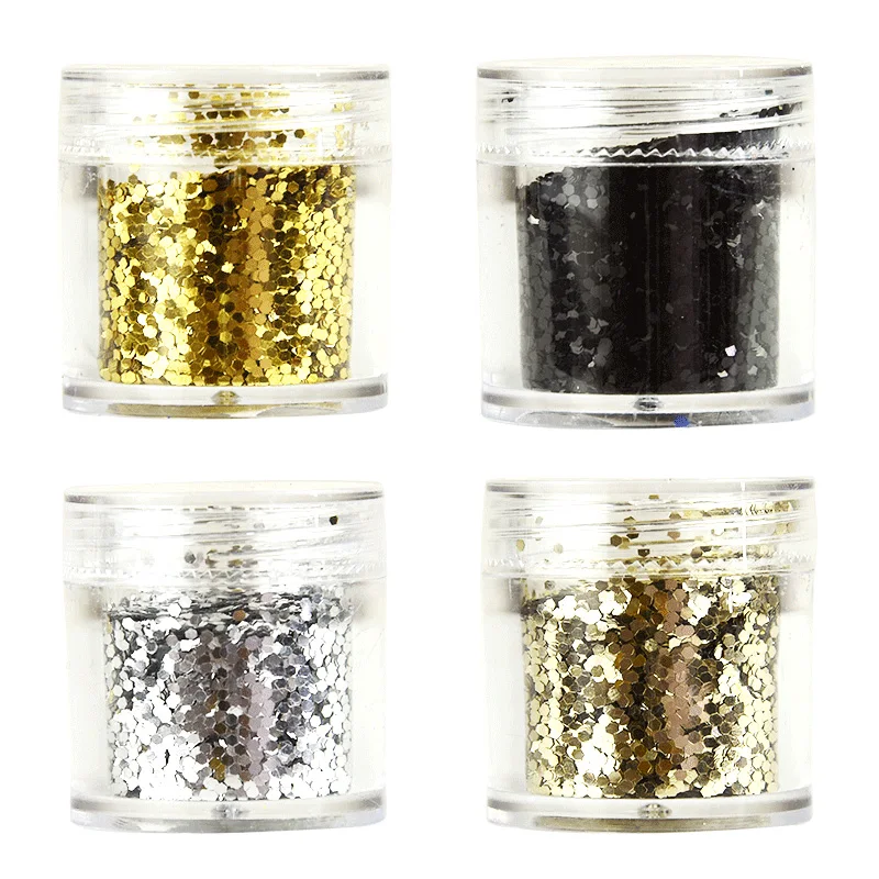 

4 Boxes 4x 10ml Glamour Glitter Dots Set / 4 Jars Cosmetic Glitter Pot. Chunky/Fine Dust mixed Pot for Face, Body, Hair & Nails.