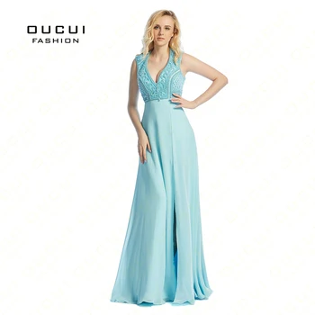 

Real Photos Blue Color Chiffon withe Tulle Beading Hand Make Long Evening Dress Gown OL102788