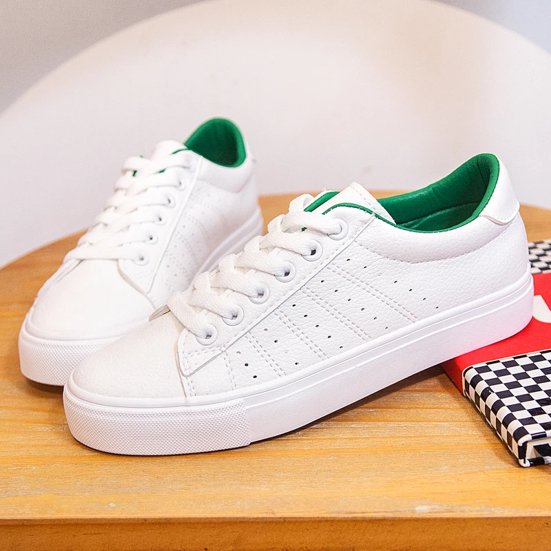 US $18.23 Women Sneakers Leather Shoes 2020 Spring Trend Casual Flats Sneakers Female New Fashion Comfort LaceUp Vulcanized Shoes
