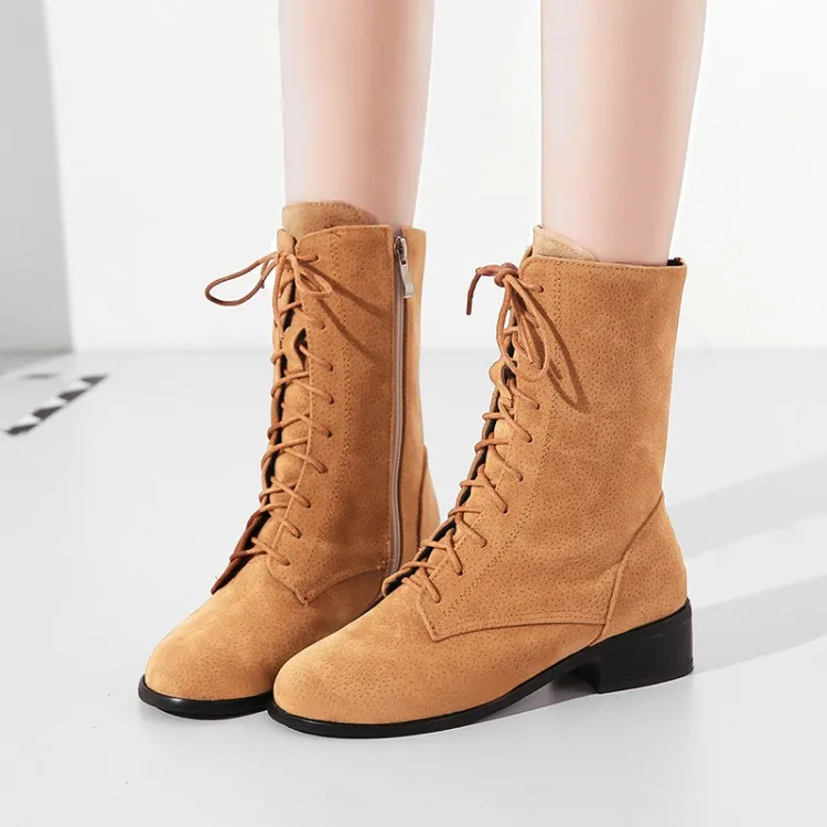 

Big Size 11 12 13 14 15 Suede Round Head Rough Heel Side Zipper Front Lace Cross-strap Low Heel Short Barrel Martin Boots