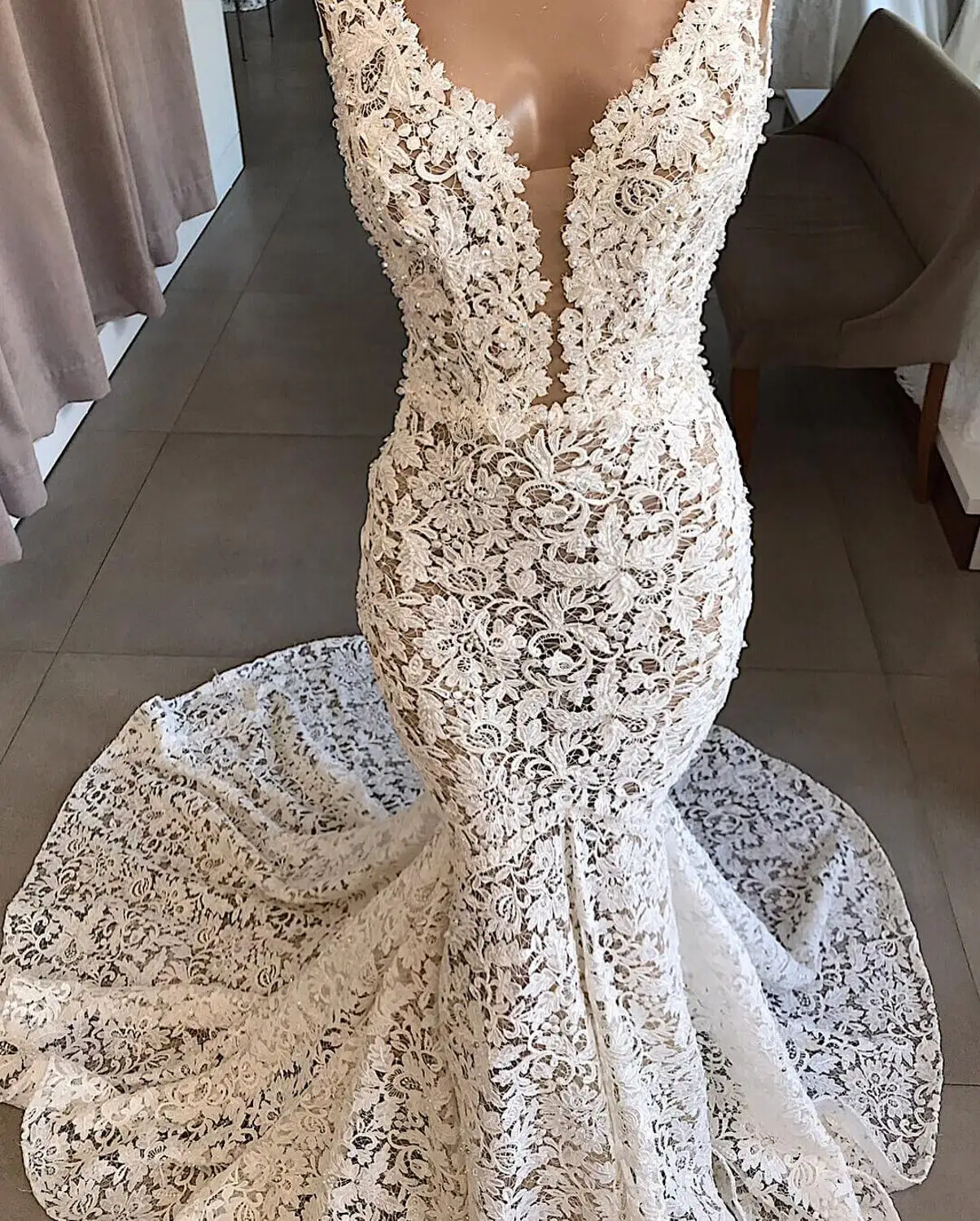 Robe de Mariage элегантное кружевное платье годе свадебное платье сексуальное платье с v-образным воротом, праздничное платье с открытой спиной Вечерние Халат без рукавов de soiree