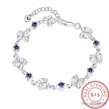LEKANI Настоящее 925 пробы серебряные ювелирные изделия прозрачный фиолетовый AAA+ CZ циркония Кристалл Бабочка Сердце браслет для женщин