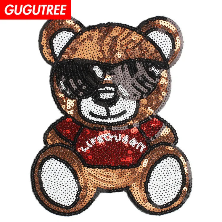

GUGUTREE embroidery paillette big bear patches cartoon patches badges patches for clothing