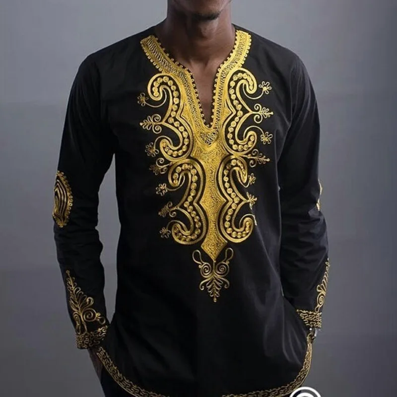 

Free shipping 2017 African dashiki African national style printing V-neck long sleeve T-shirt men's shirt Plus size