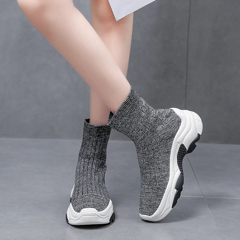 

BZBFSKY High Top Platform Sneakers Women Fall Winter Stretch Knit Sock Ankle Boots Slip On Thick Sole Chunky Shoes Size 35-39
