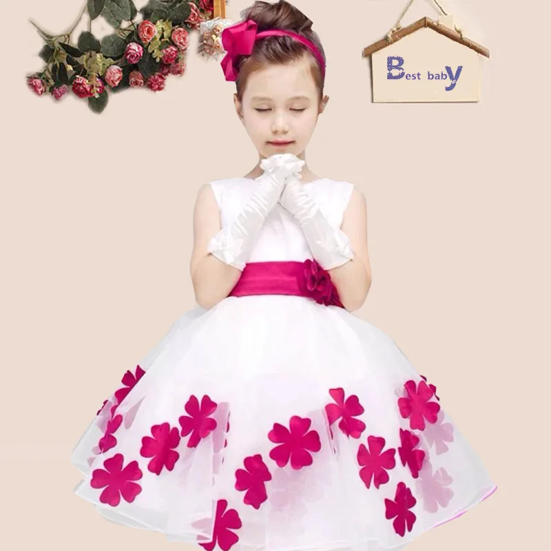 2016 HOT Girl Flower Dresses WHITE with Rose Petal Dress Wedding Easter Bridesmaid For Baby