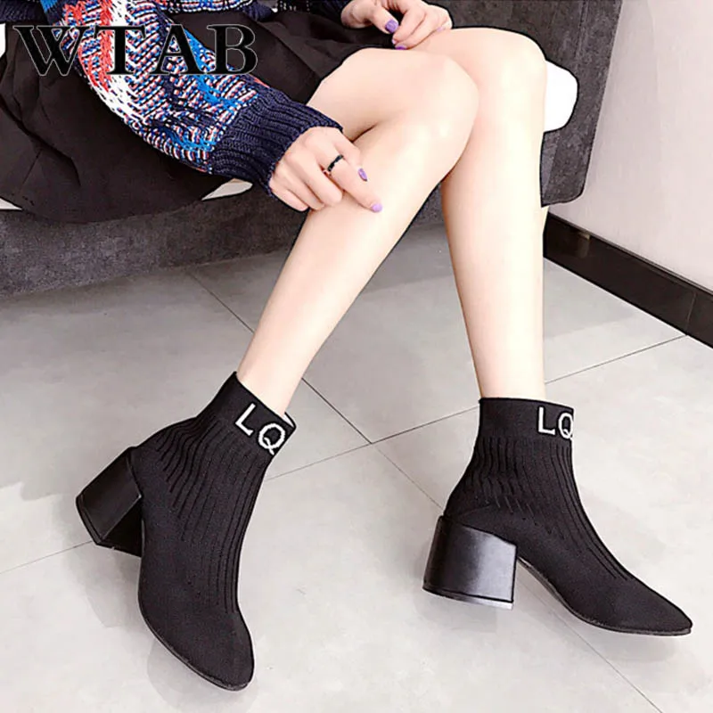 Cheville De Slip on Chaussures Carré jaune Hiver Automne Wtab Noir Femmes Bottes Nouveau 2018 Laine Talon Tricot Mujer Botas Base Boot YPZnZv6z