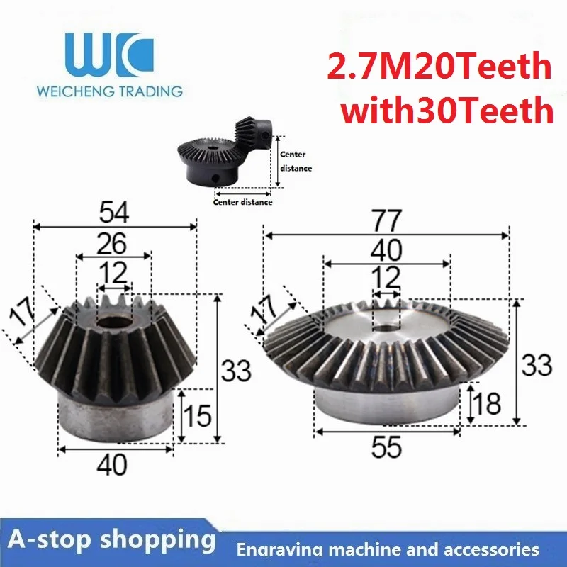 

2pc 1:1.5 Bevel Gear 2.7 Modulus 20Teeth + 30teeth Inner Hole 12mm 90 Degree Drive Commutation Steel Gears
