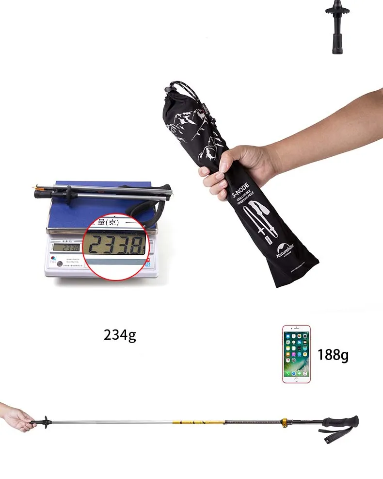 Fibra de Carbono + Liga de Alumínio Naturehike Bengala Trekking Pole Caminhadas Ultra-leve Dobrável Ajustável 135 Centímetros 234g 11 dobrável Ajustável 135 centímetros 234g