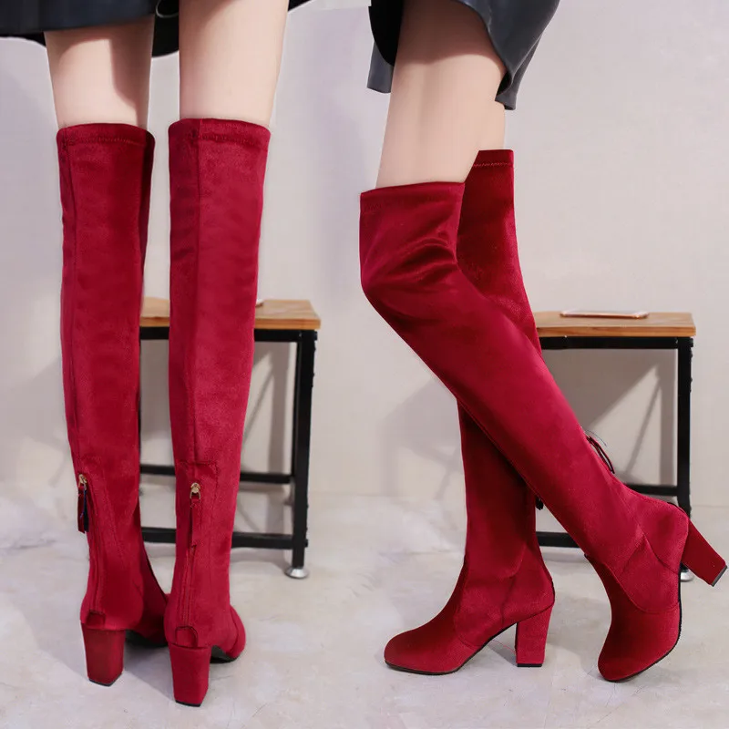 Rond Boot Bout Épais Talons sjy5250 Chaud Velours Le D'hiver Femmes Sur Nouveautés Blue Black Chaussures 2018 Bottes 43 De Red Haute Genou Sjy5250 sjy5250 Taille qaZ6nfwxO