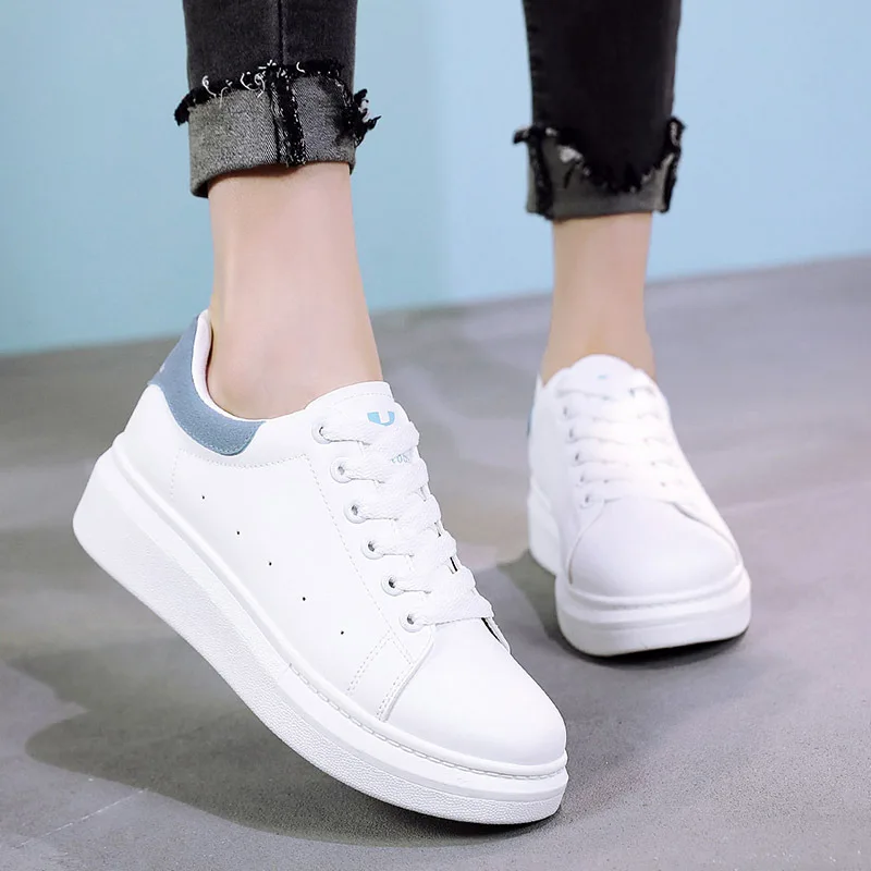 

Women Sneakers White Shoes Soft Leather Casual Shoes Women 2019 Fashion Vulcanized Shoes Lace-up Platform Sneakers Student Flats