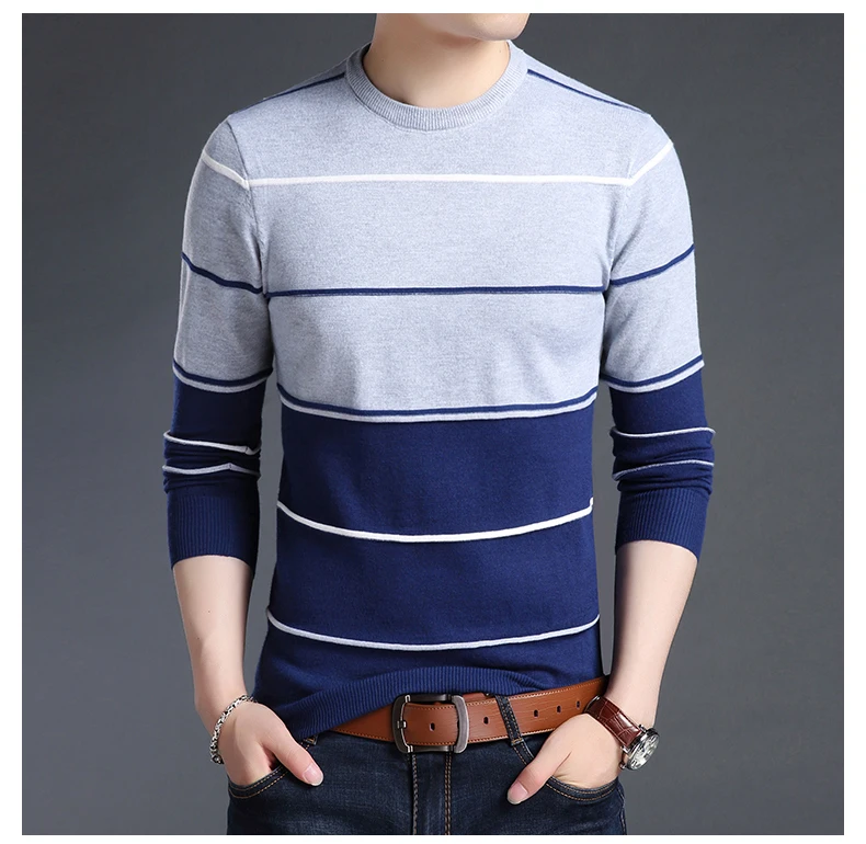 Модный брендовый мужской свитер, пуловер в полоску, Облегающие джемперы, вязанная шерстяная Осенняя повседневная мужская одежда в Корейском стиле