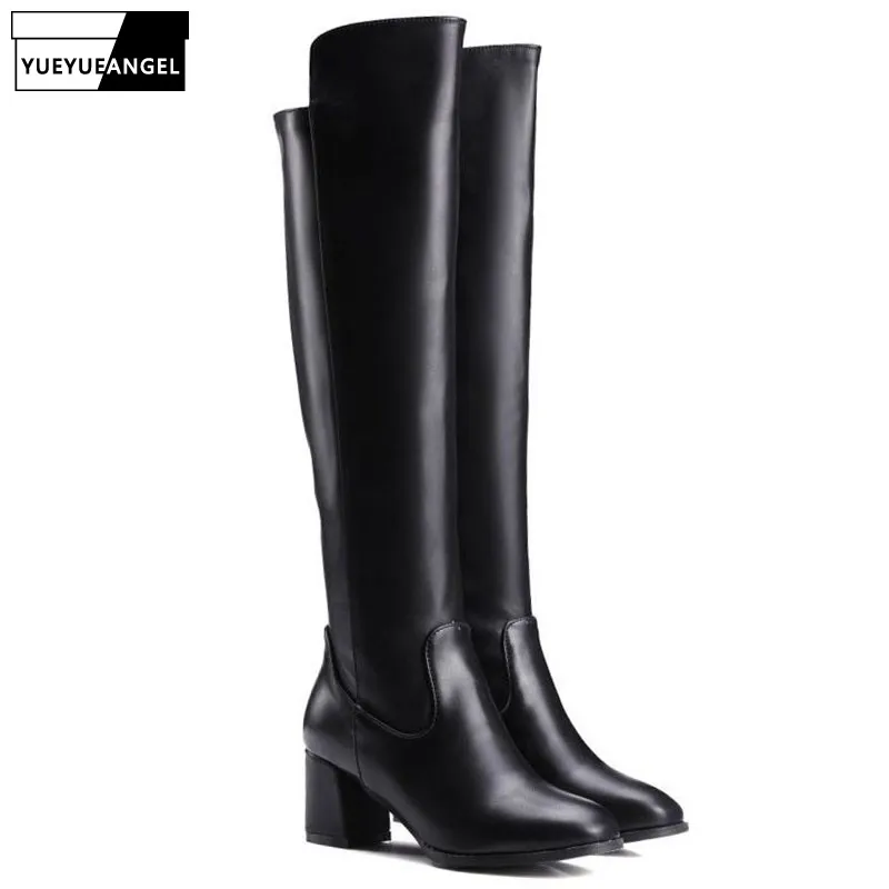 

2019 Pu Leather Women Boots Over Knee Round Toe Side Zip High Heel Winter New Fashion Female Shoes European Sweet Plus Size