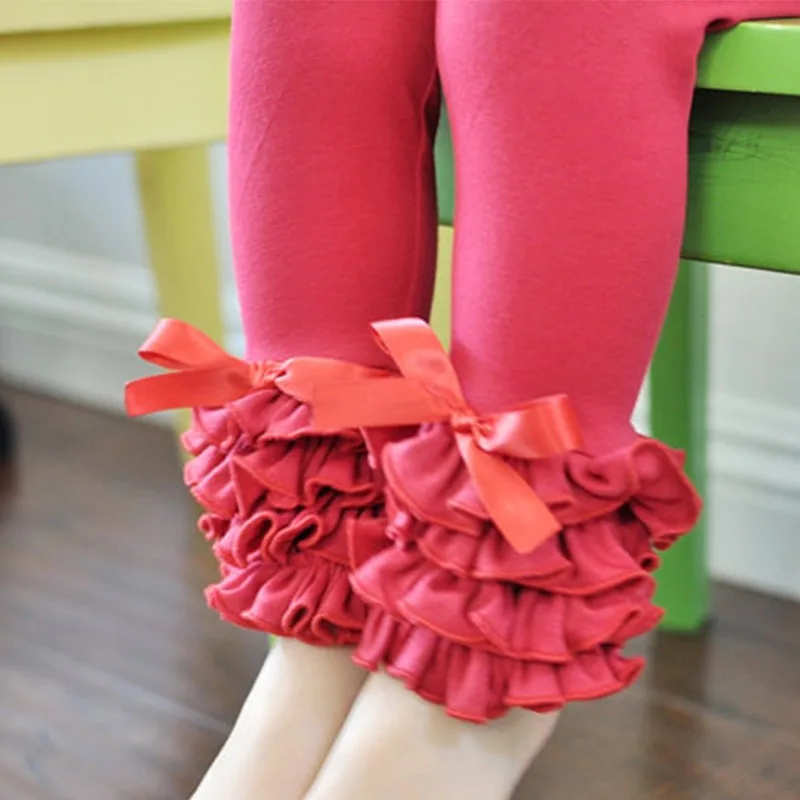 

Kids Girls Trousers 3Layers Mint Aqua Icing Ruffle Leggings Baby Pants Bow For Girls 1-8T Spring Autumn Yellow pink Clothes