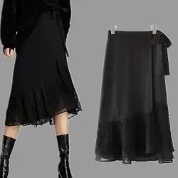 Европейский станция Осень Новая мода черная юбка Кружево крючком Кружево ламинированные декоративные линии дамы Юбки для женщин