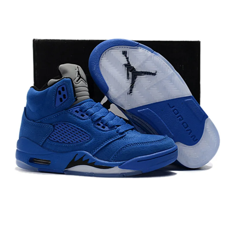 

2019 Kids Shoes Children Basketball Shoes Baby AIR US JORDAN 5 Sneaker Blue suede Shoes For Boy Girl size 28-35