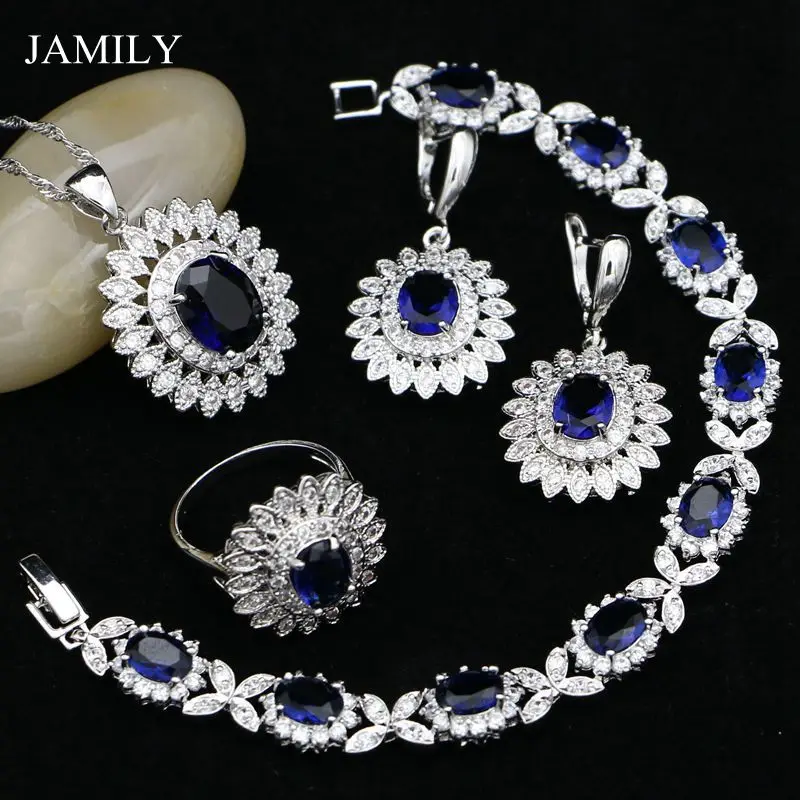 

JAMILY 925 Sterling Silver Jewelry Sets Blue Cubic Zirconia Crystal For Women Wedding Earrings/Pendant/Ring/Bracelet/Necklace