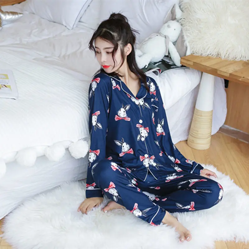 Топ с принтом кролика и штаны пижамный комплект для женщин Хлопковая пижама длинным рукавом Опрятный пижамы для девочек ночное