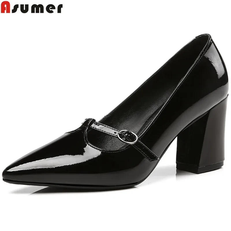

ASUMER black fashion spring autumn shoes woman pointed toe pumps women shoes genuine leather high heels shoes square heel