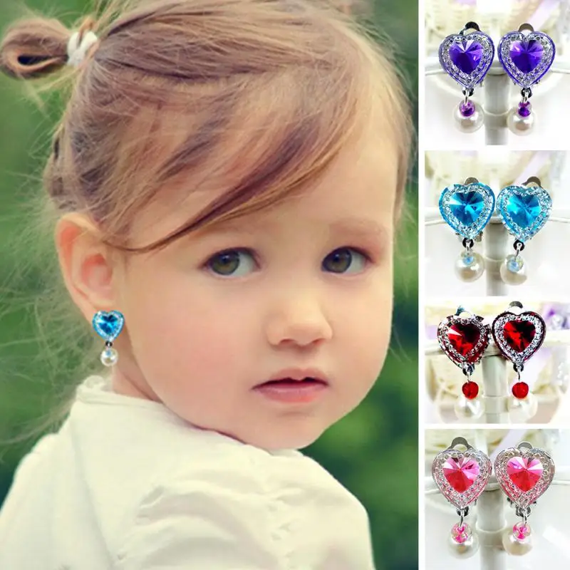 SHUANGR/1 пара сережек в форме сердца без пирсинга для девочек, детские милые клипсы с искусственным жемчугом и кристаллами, клипсы для ушей, ювелирные изделия
