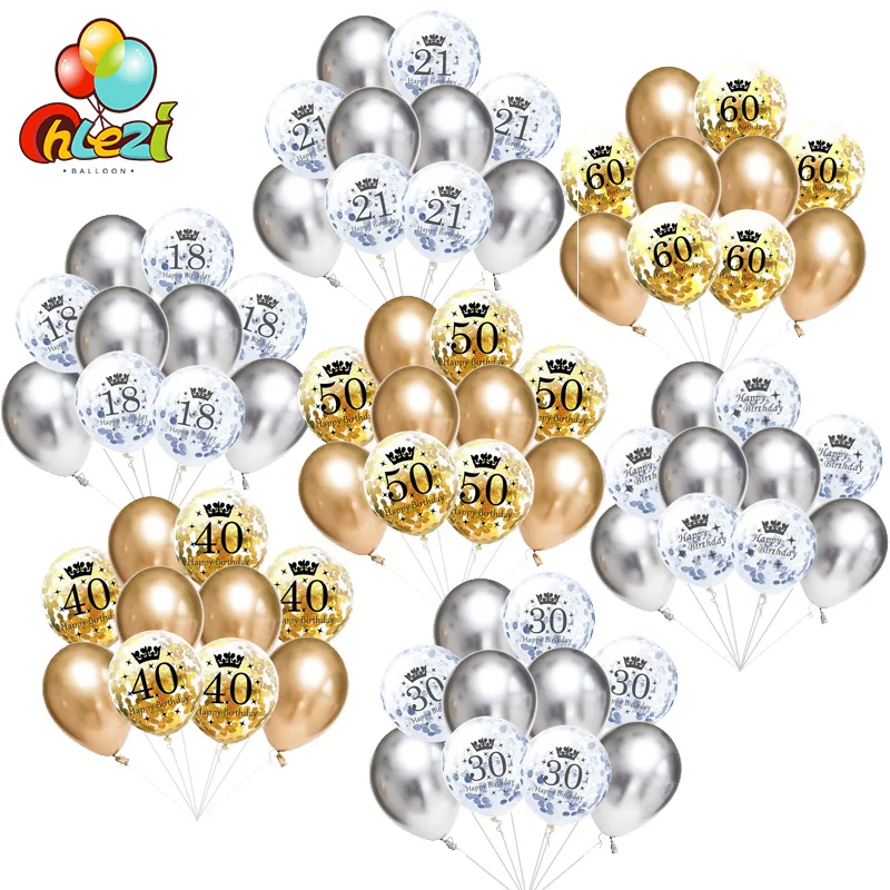 10Pcs Rose Gold 18 21st 30 40 50th Happy Birthday Crown Confetti Balloons Party
