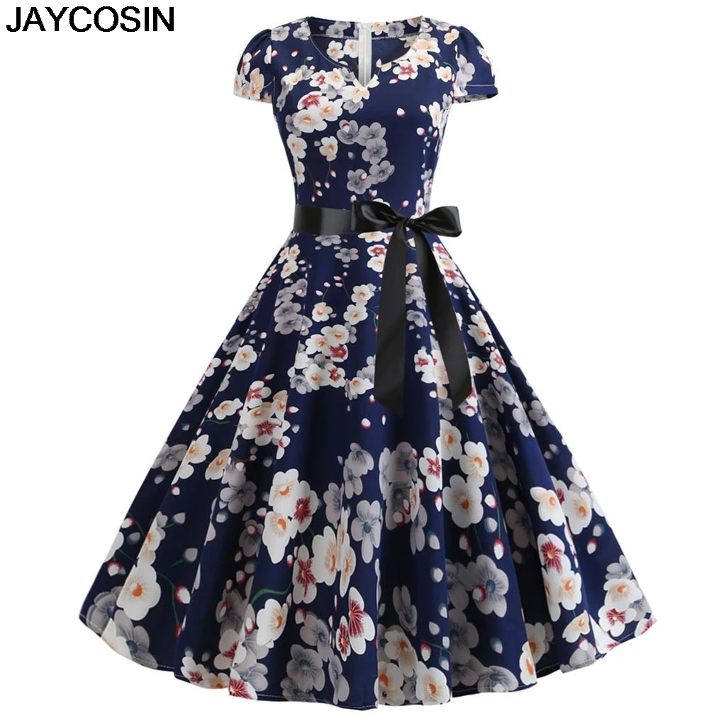 

JAYCOSIN New Summer Women Vintage 1950s Retro Short Sleeve Print Evening Party Gown Prom Swing Dress V-Neck Dresses Vestido je15