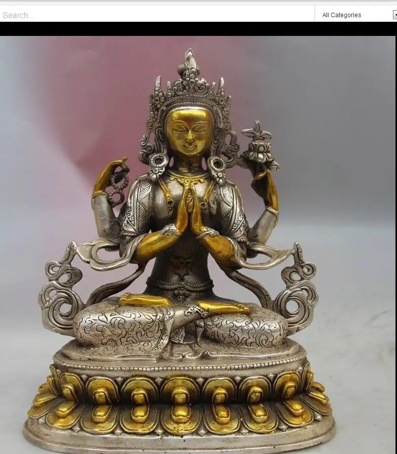 

67111635+++8 Tibet Buddhism White Copper Silver Four-armed Avalokitesvara Kwan-yin Guanyin
