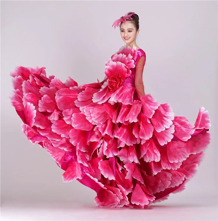 360 градусов/ярдов размера плюс женское платье для испанского фламенко цветочные лепестки Макси Цыганские девушки Сценические костюмы для танца живота
