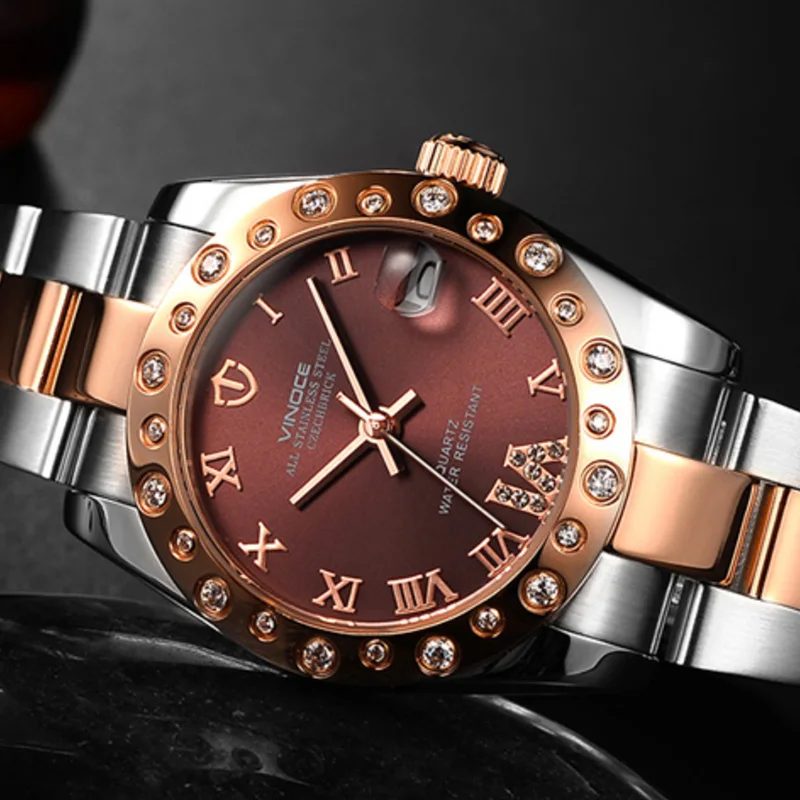 Женские часы VINOCE из нержавеющей стали с кристаллами и стразами