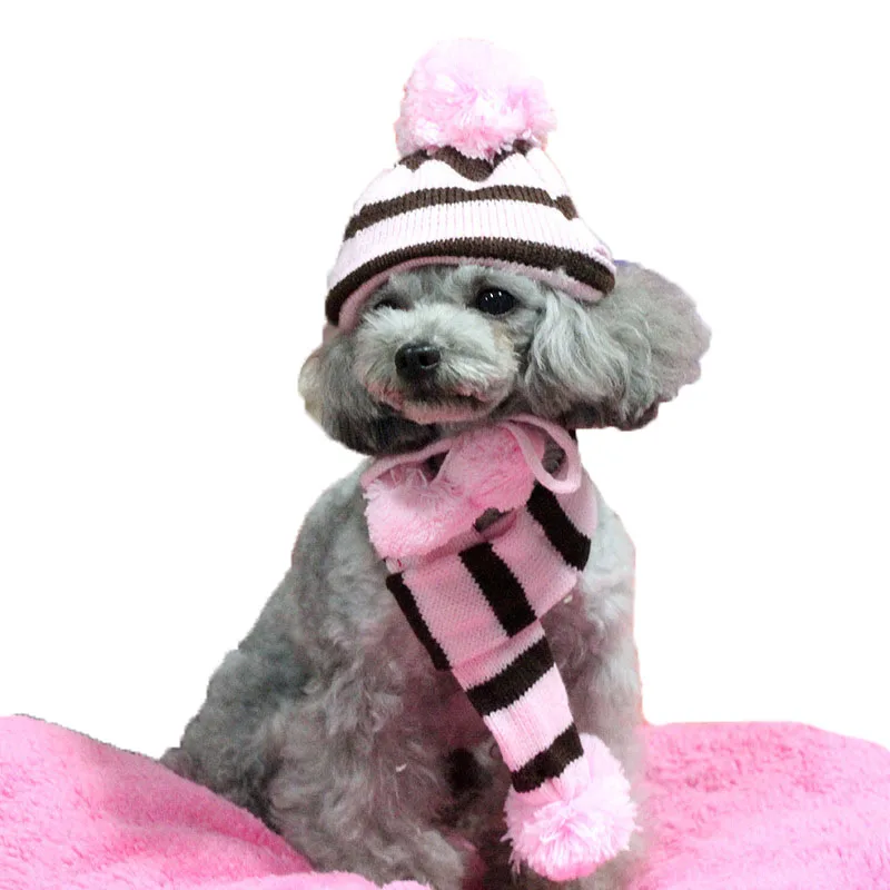 Sqinans 3pcs/set Winter Warm Dog Hat Knitted Scarf Socks Fashion Striped Pet Caps Puppy Neck Scarf Socks Christmas Pet Grooming - Цвет: Pink