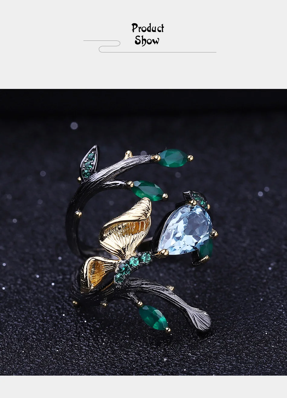 GEM'S BALLET 2.29Ct кольцо с натуральным небесно-голубым топазом, 925 пробы, серебро,, ручная работа, бабочка на ветке, кольца для женщин, бижутерия