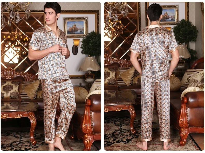 Сексуальная искусственного шелка Для мужчин пижамы Мода Печатные Ice Шелковый мужской пижамы с коротким рукавом Пижама Брюки для девочек