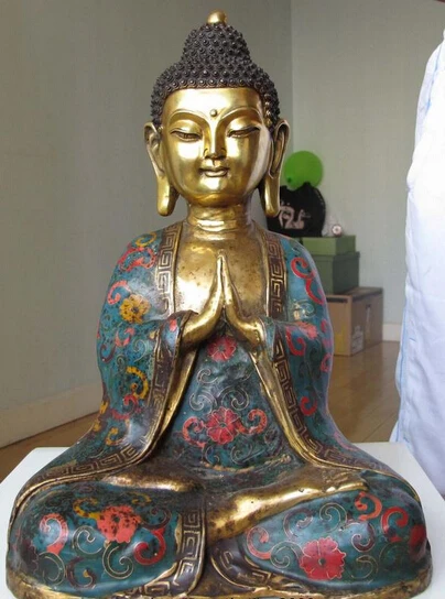 

007124 Tibet Buddhism Temple Bronze Gilt cloisonne Tathagata Sakyamuni Buddha Statue