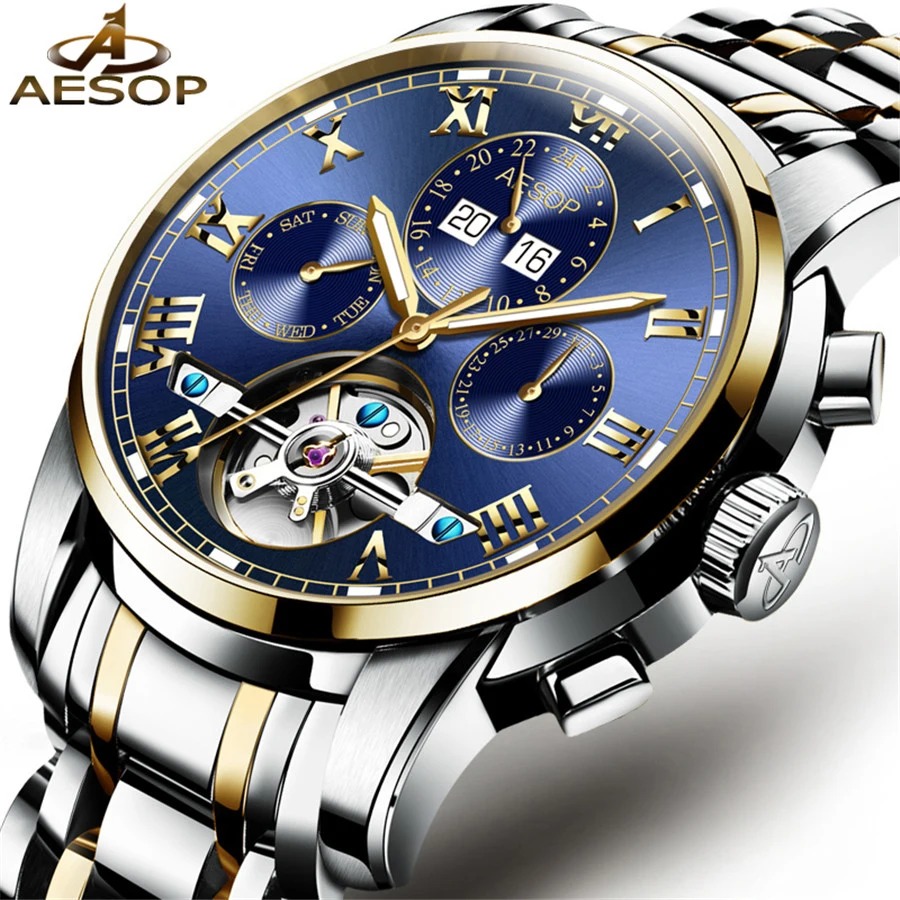 

AESOP Mens Watches Top Brand Luxury Automatic Mechanical Watches Tourbillon Steel Clock Men Wristwatches Relogio Masculino 2018