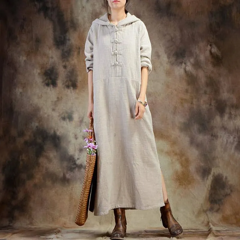 

2019 ZANZEA Women Hoodies Long Sleeve Vintage Buttons Solid Cotton Linen Long Dress Casual Split Hem Party Loose Retro Vestido