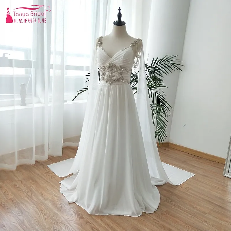 

Crystal Bohemian Wedding Dress 2019 GYPSY Chiffon Beach robe de soiree with Shawl Spain France Wedding Gelinink Vestidos ZW098