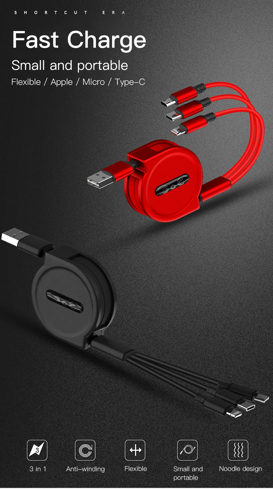 ACCEZZ Выдвижной USB кабель 3A Быстрая зарядка для iPhone XS MAX Micro usb type C для samsung huawei Xiaomi кабели для мобильных телефонов