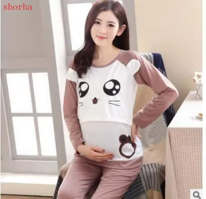 

Autumn spring maternity log sleeve pajamas set cartoon pattern lounge breastfeeding nightclothes nursing sleepwear suits