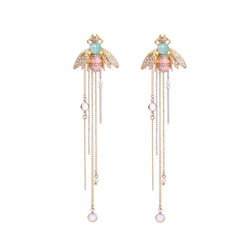 

Link Chain Fringe Crystal Enamel Bee Long Earrings Brincos Cute Ear Piercing Insect Earrings for Women